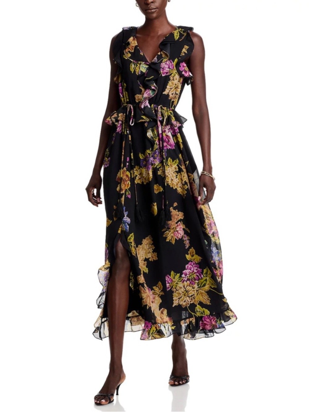 KOBI HALPERIN Lesley Black Floral-Print Ruffle Maxi Dress Sleeveless Small